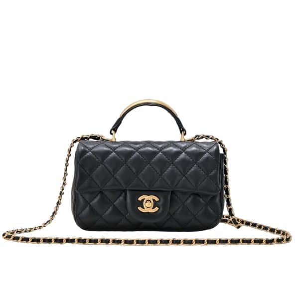 CHANEL 22B FLAP BAG WITH GOLD HARDWARE TOP HANDLE BLACK 21CM AS2431