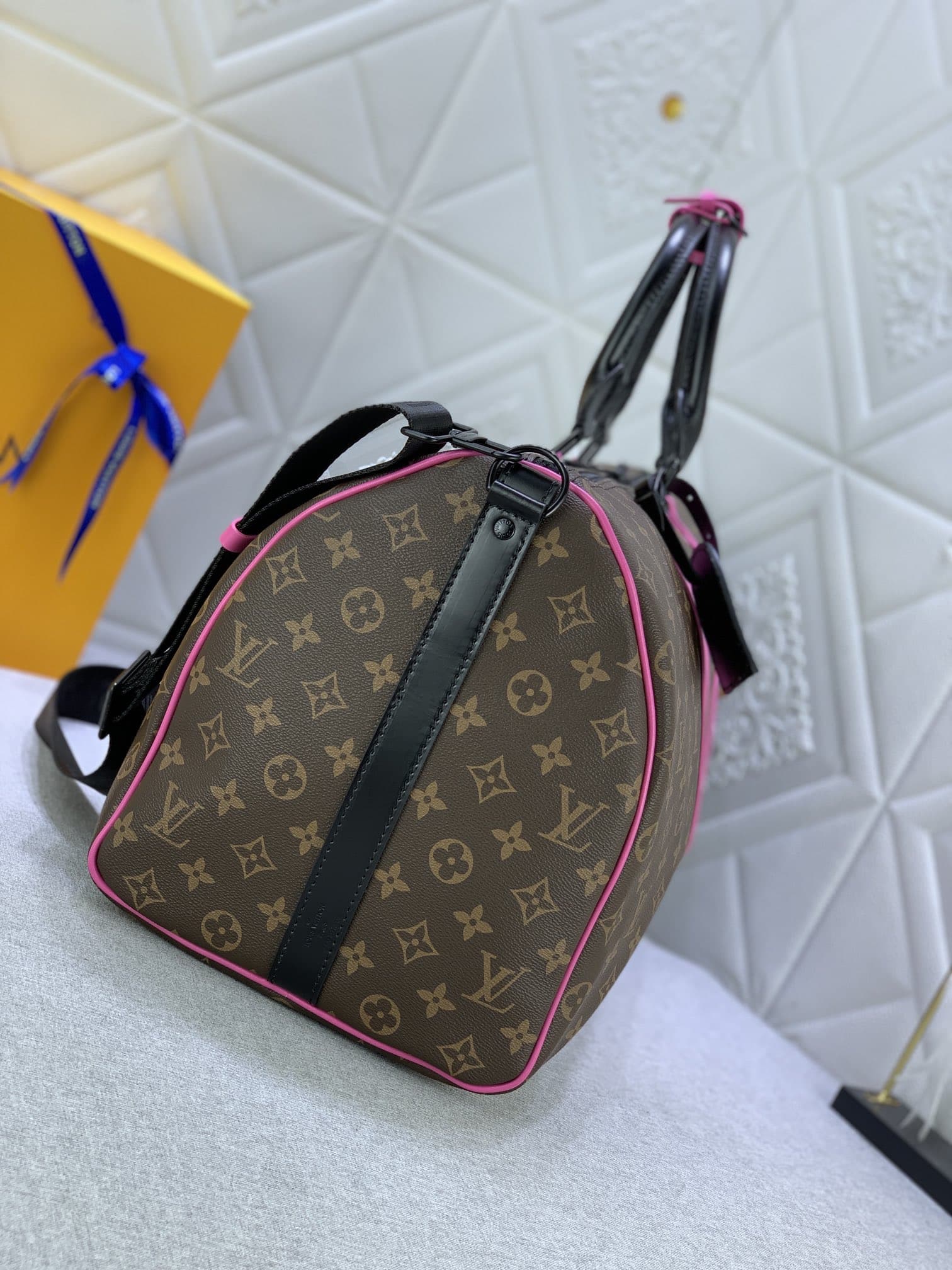 LOUIS VUITTON KEEPALL BANDOULIÈRE 50 BROWN AND PINK MACASSAR CANVAS M45866 - Image 7