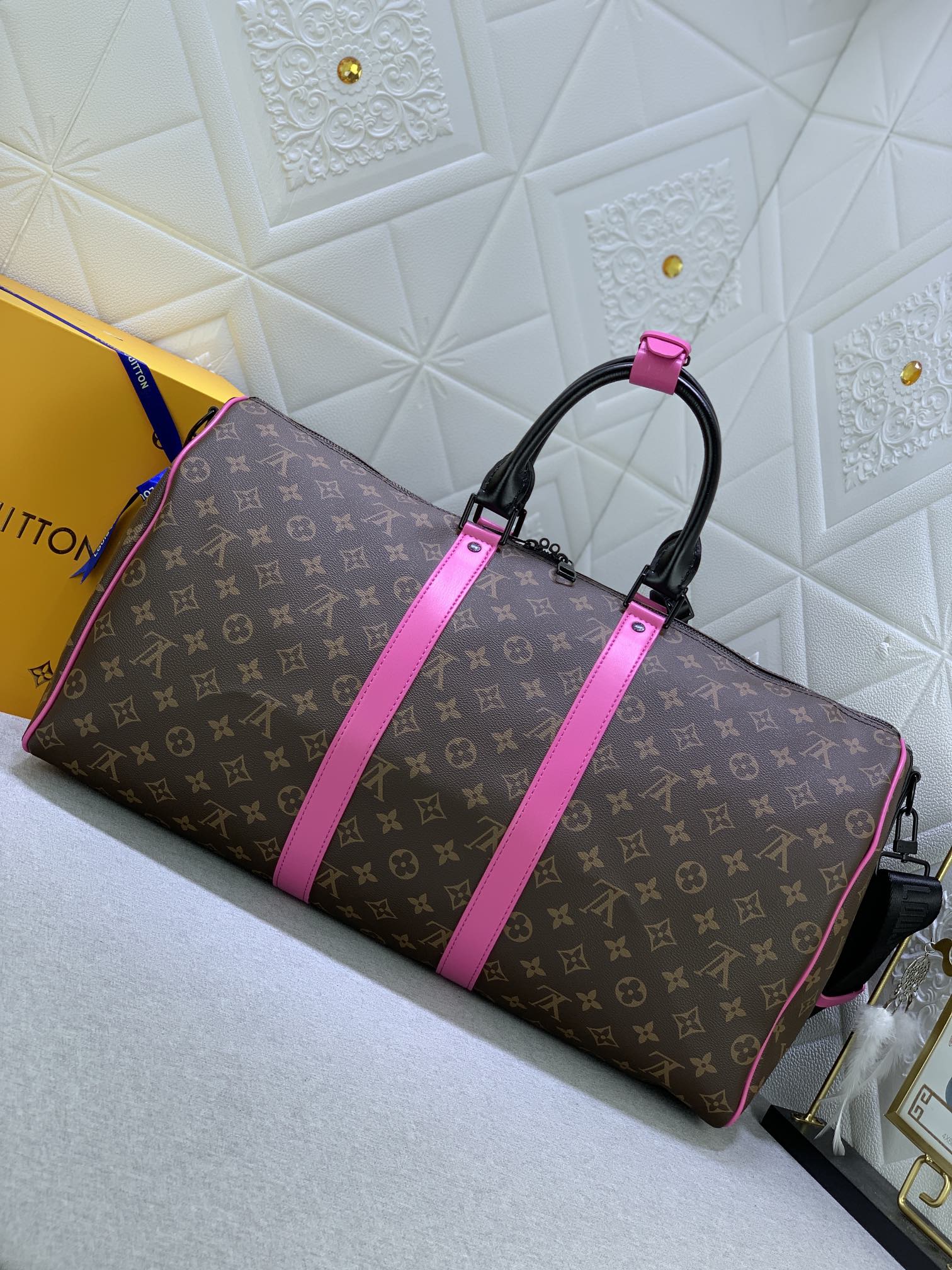 LOUIS VUITTON KEEPALL BANDOULIÈRE 50 BROWN AND PINK MACASSAR CANVAS M45866 - Image 8
