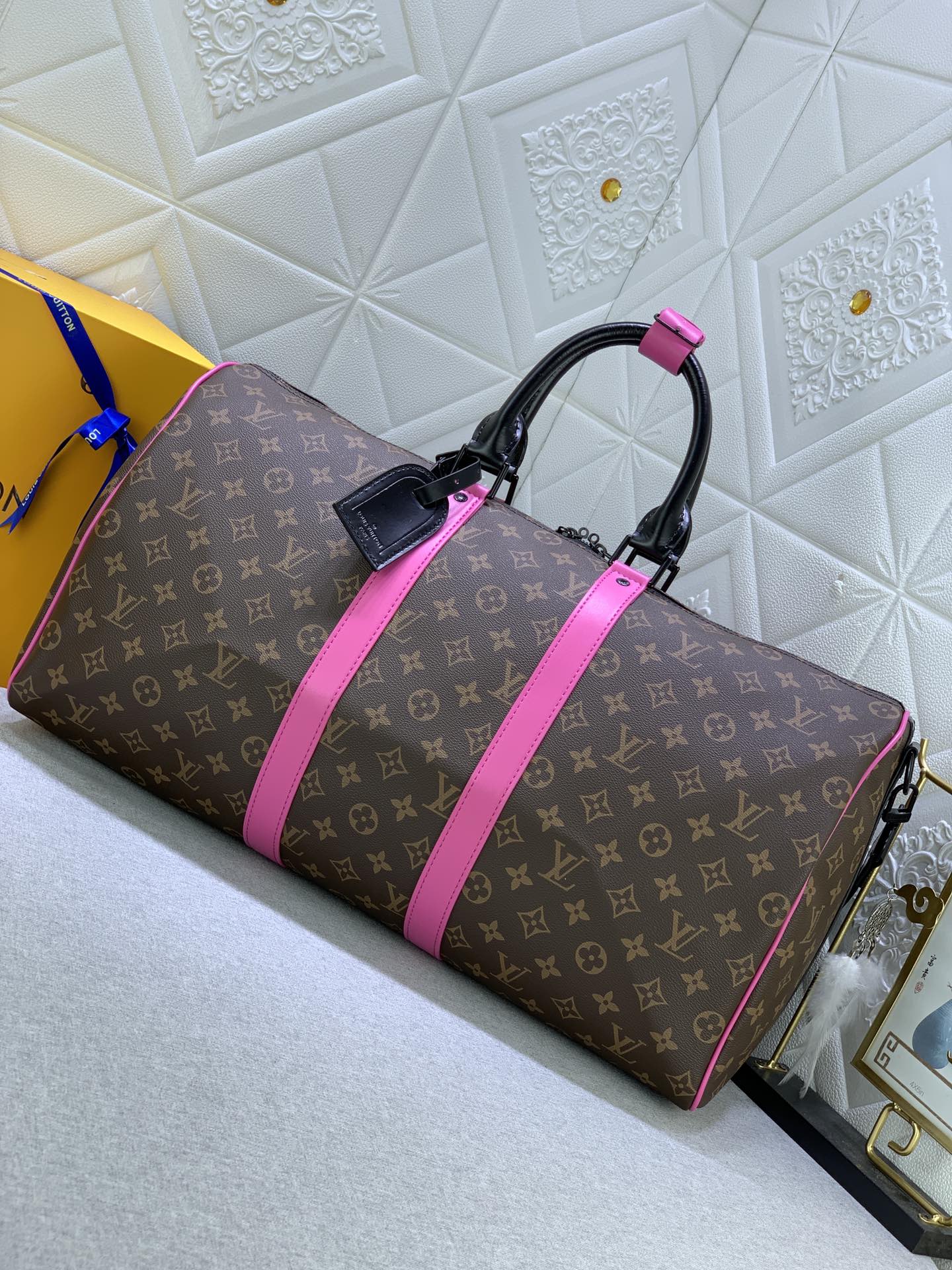 LOUIS VUITTON KEEPALL BANDOULIÈRE 50 BROWN AND PINK MACASSAR CANVAS M45866 - Image 9