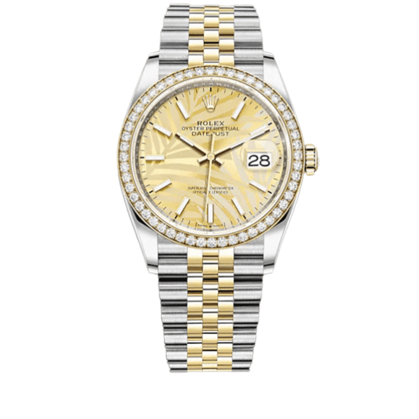 ROLEX DATEJUST GOLD DIAL WITH SILVER AND GOLD STRAP PALM LEAF PATTERN 36MM 126200 0086