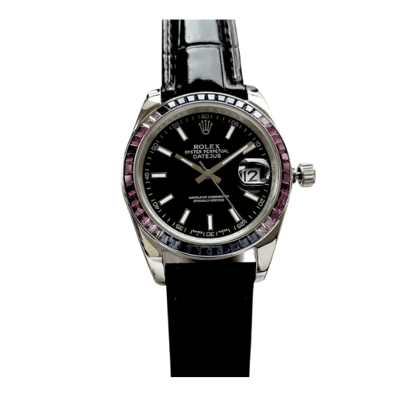 ROLEX OYSTER PERPETUAL DATEJUS BLACK DIAL RUBY AROUND 40MM