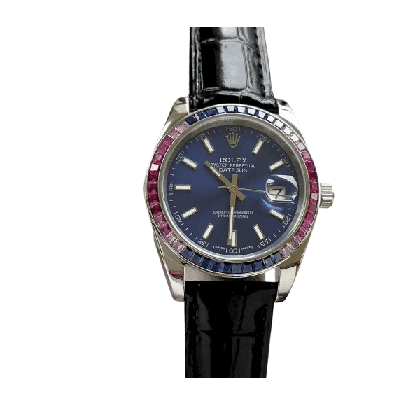 ROLEX OYSTER PERPETUAL DATEJUS NAVY BLUE DIAL RUBY AROUND 40MM