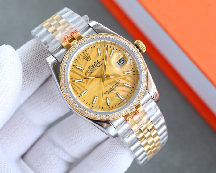 Alternative view of ROLEX DATEJUST GOLD DIAL WITH SILVER AND GOLD STRAP PALM LEAF PATTERN 36MM 126200 0086