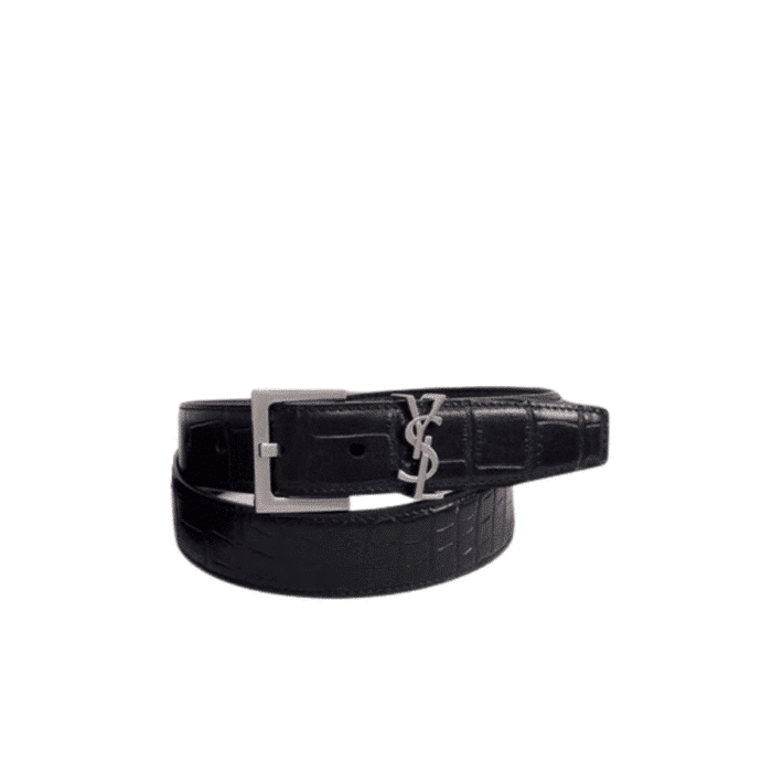 SAINT LAURENT CROC EMBOSSED LEATHER BELT BLACK AND SILVER 26267332