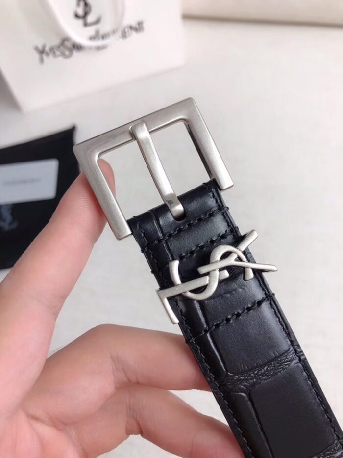 Alternative view of SAINT LAURENT CROC EMBOSSED LEATHER BELT BLACK AND SILVER 26267332