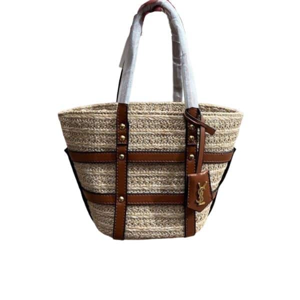 SAINT LAURENT PANIER STUDDED LEATHER TRIMMED WOVEN RAFFIA TOTE BAG 18CM