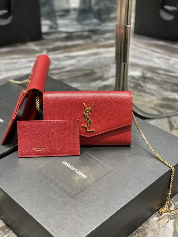 Alternative view of SAINT LAURENT UPTOWN CHAIN WALLET IN GRAIN DE POUDRE EMBOSSED LEATHER RED 19CM