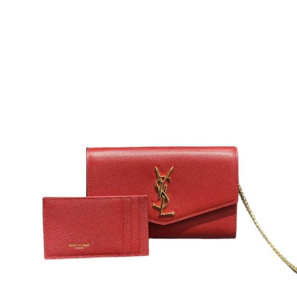 SAINT LAURENT UPTOWN CHAIN WALLET IN GRAIN DE POUDRE EMBOSSED LEATHER RED 19CM