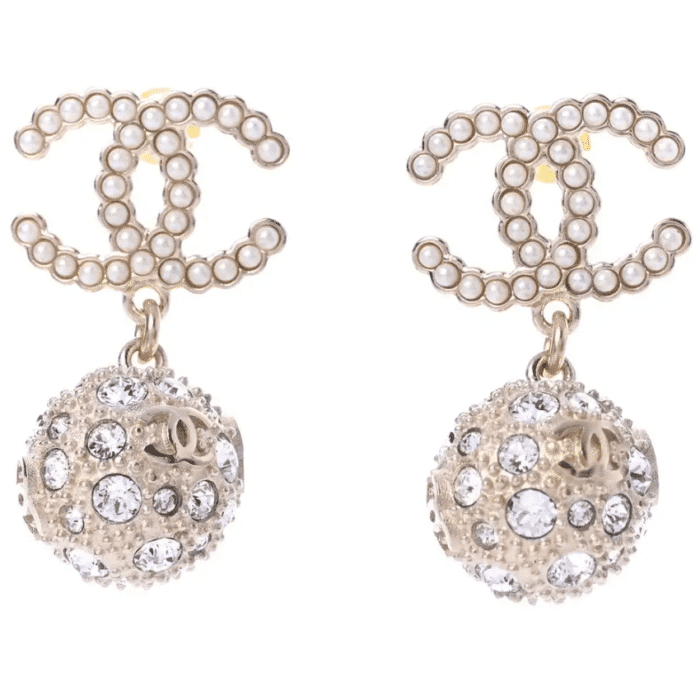 CHANEL NEW CC GOLD BALL CRYSTAL PEARL DROP EARRINGS