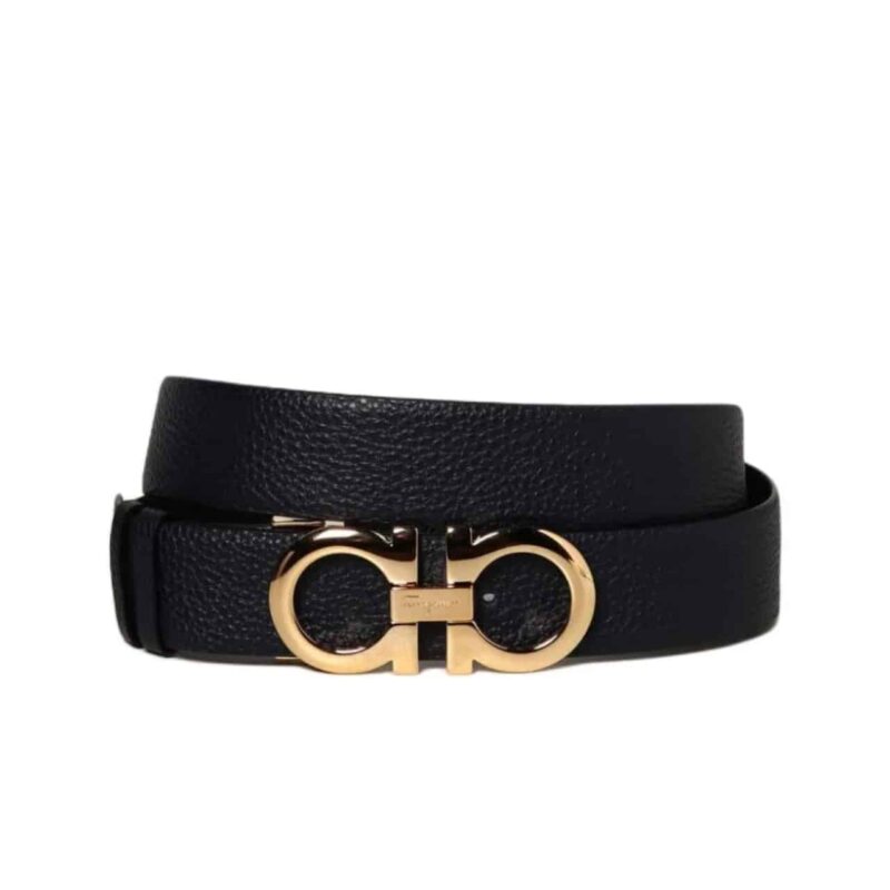 SALVATORE FERRAGAMO GANCINI BLACK LEATHER BELT WITH GOLD METAL BUCKLE 2.5CM