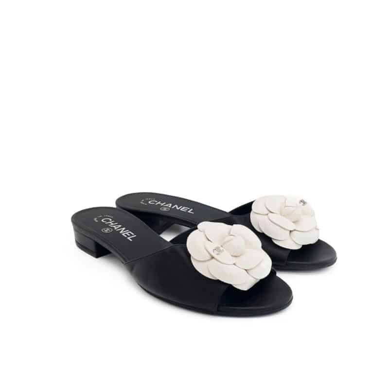 CHANEL WHITE CAMELLIA SLIDES BLACK