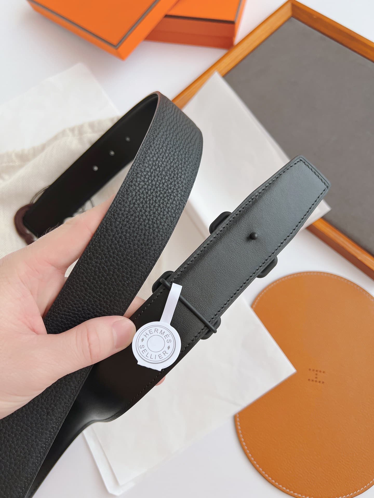 HERMES LEATHER BELT WITH H BUCKLE BLACK 38MM - Image 2