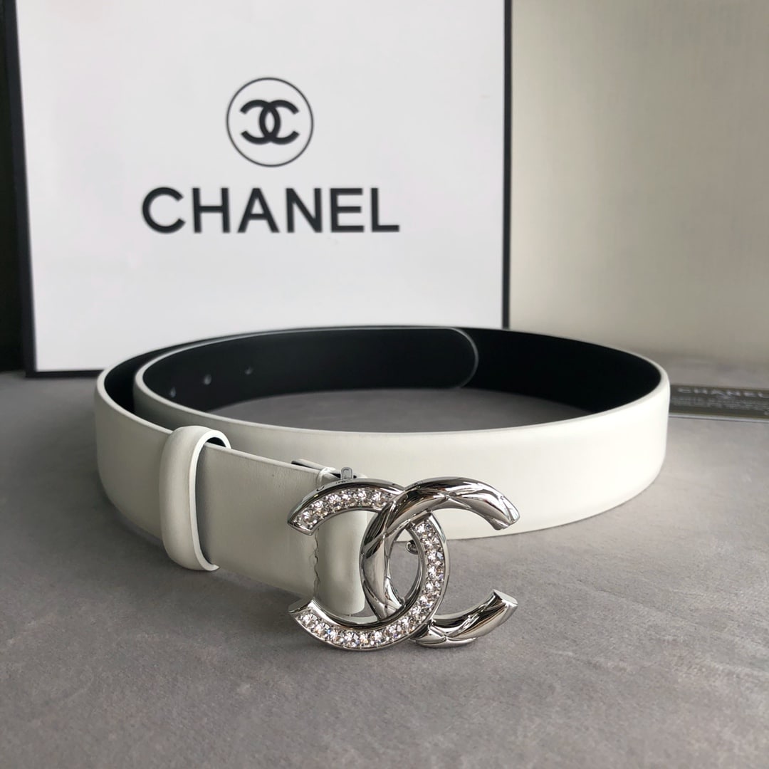 CHANEL LEATHER BELT WITH CC PEARL AND SILVER TONE METAL WHITE 3CM - Image 3