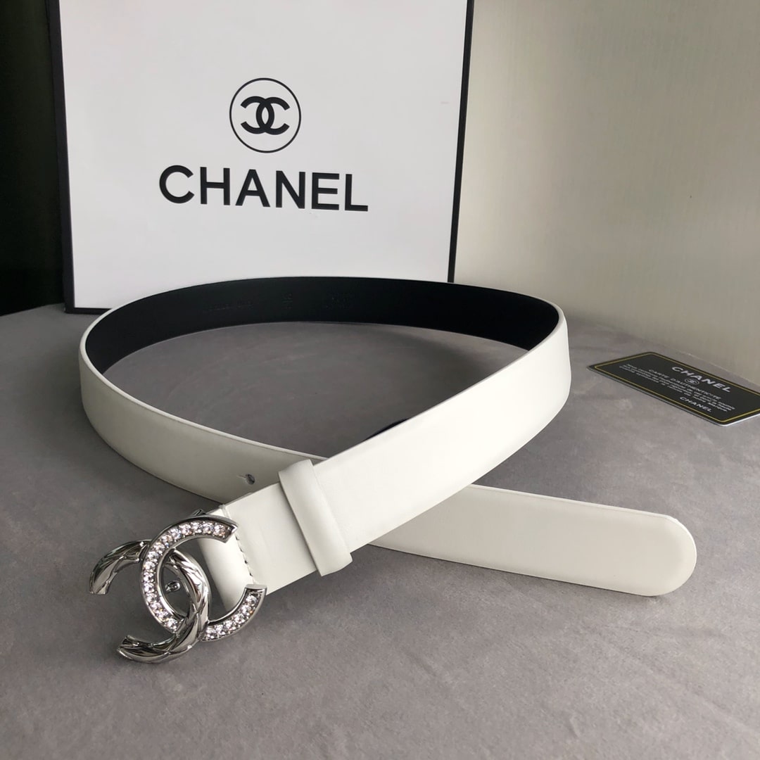 CHANEL LEATHER BELT WITH CC PEARL AND SILVER TONE METAL WHITE 3CM - Image 2