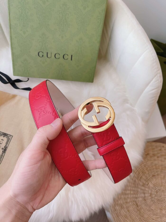 Alternative view of GUCCI CALFSKIN MONOGRAM RED BELT GOLD METAL 3.5CM