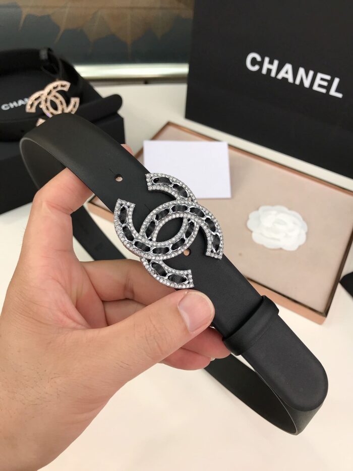 Alternative view of CHANEL GLASS PEARLS CRYSTAL SILVER BLACK BELT 28MM