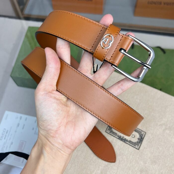Alternative view of GUCCI BELT WITH SQUARE BUCKLE AND INTERLOCKING G SILVER METAL BROWN 35MM