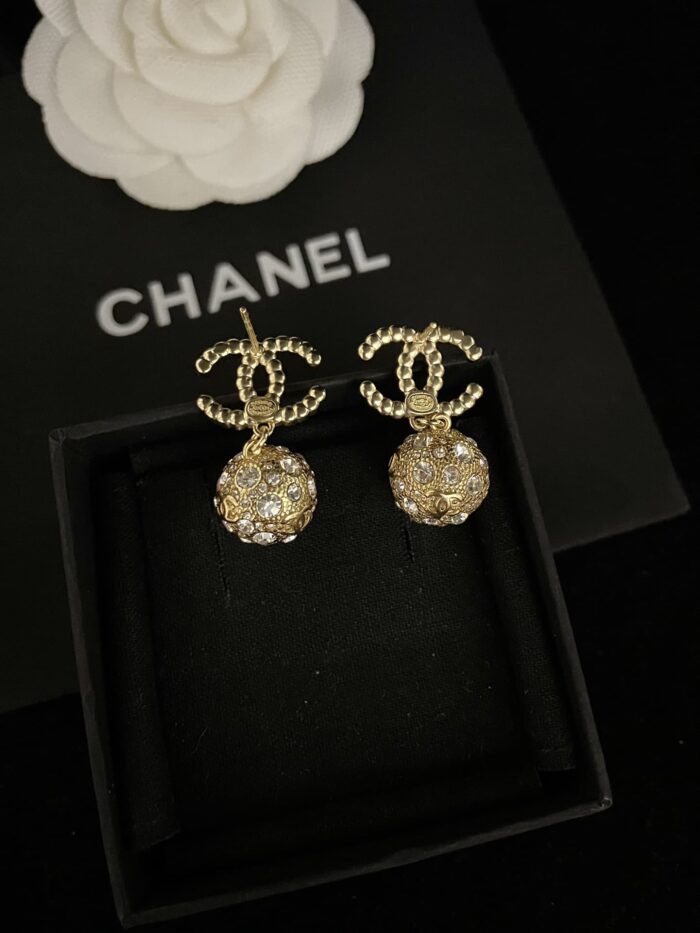 Alternative view of CHANEL NEW CC GOLD BALL CRYSTAL PEARL DROP EARRINGS