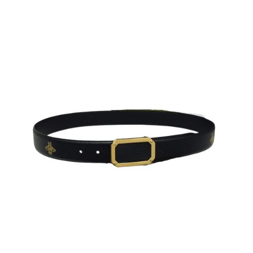 GUCCI BLACK BELT WITH SQUARE GOLD BUCKLE AND BEE STAR  35MM