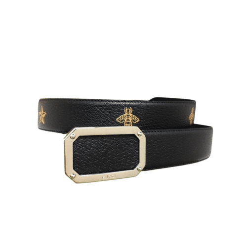 GUCCI BLACK BELT WITH SQUARE SILVER BUCKLE AND BEE STAR  35MM