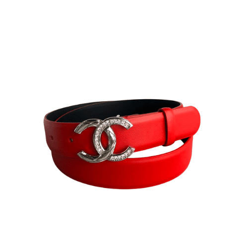 CHANEL LEATHER BELT WITH CC PEARL AND SILVER TONE METAL RED 3CM