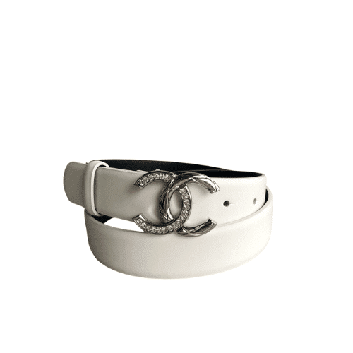 CHANEL LEATHER BELT WITH CC PEARL AND SILVER TONE METAL WHITE 3CM