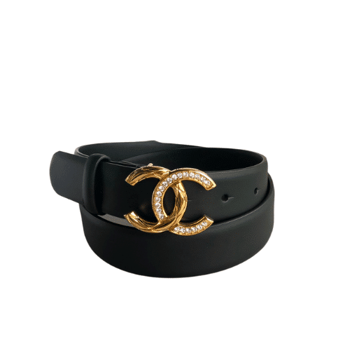 CHANEL LEATHER BELT WITH CC PEARL AND GOLD TONE METAL BLACK 3CM