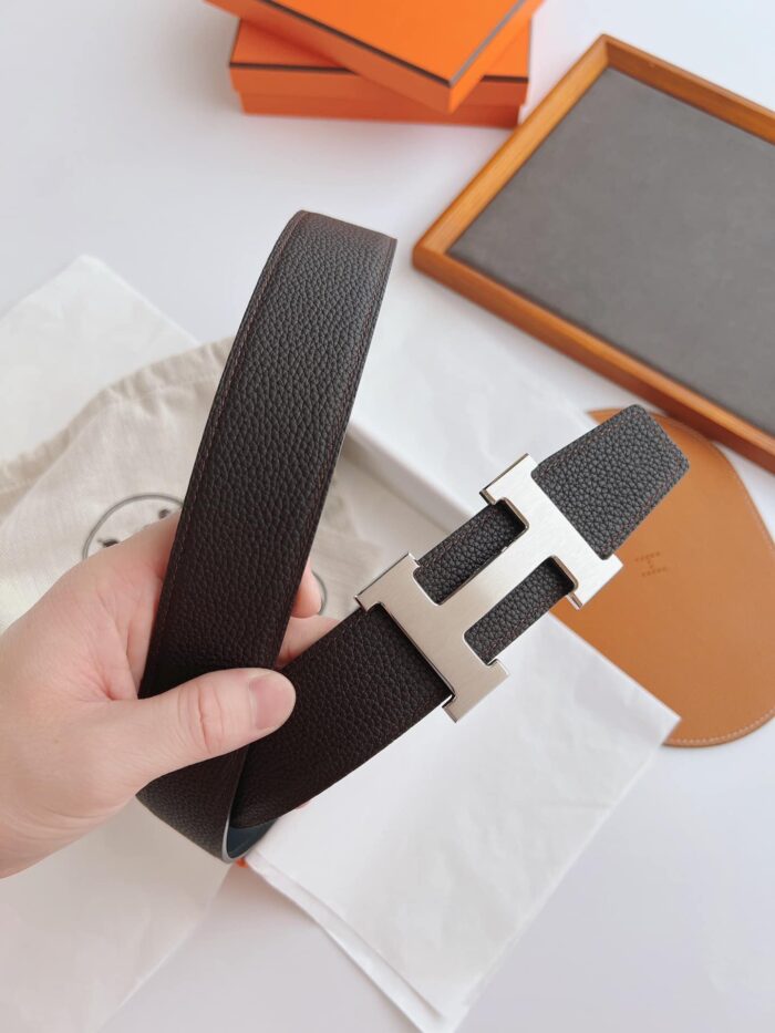 Alternative view of HERMES BELT TOGO SWIFT SILVER BUCKLE BROWN 38MM