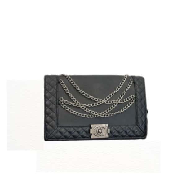 CHANEL BOY REVERSO FLAP BAG WITH CHAIN DETAILS BLACK 28CM