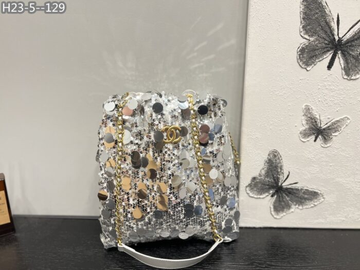 Alternative view of CHANEL CC SEQUIN BUCKET BAG GREY 30CM