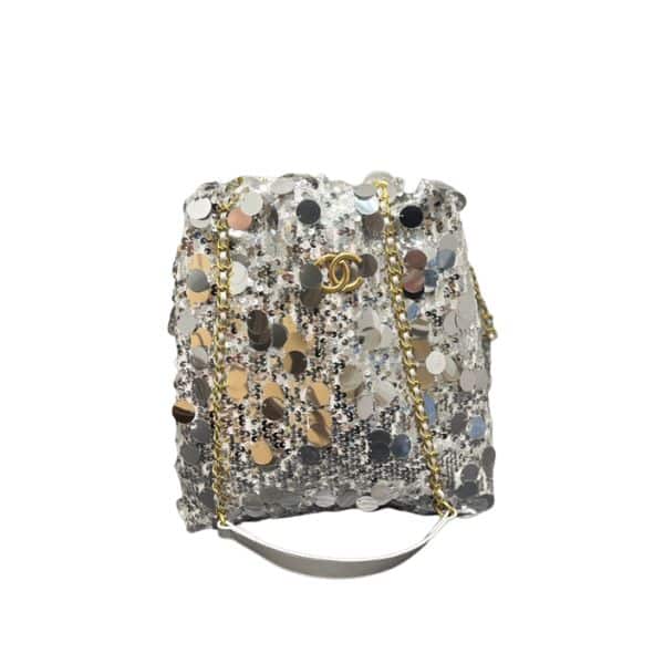 CHANEL CC SEQUIN BUCKET BAG GREY 30CM