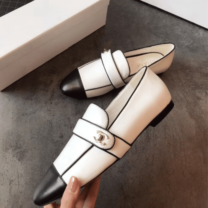 Alternative view of CHANEL LEATHER CC CAP TOE SLIP ON LOAFERS WHITE