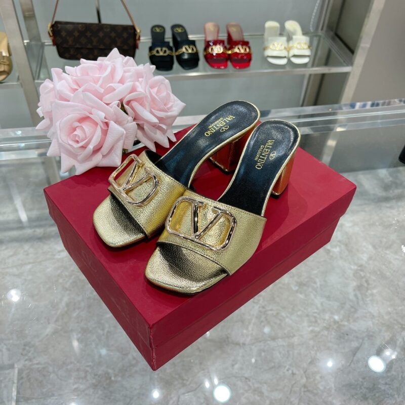 Alternative view of VALENTINO VLOGO SIGNATURE SQUARE TOE MIDDLE HEEL GOLD LEATHER SLIDE SANDAL