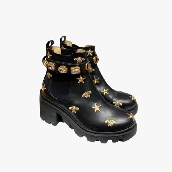 GUCCI EMBROIDERED LEATHER ANKLE BOOT WITH BELT BLACK