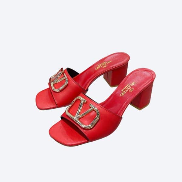 VALENTINO VLOGO SIGNATURE SQUARE TOE MIDDLE HEEL RED SLIDE SANDAL