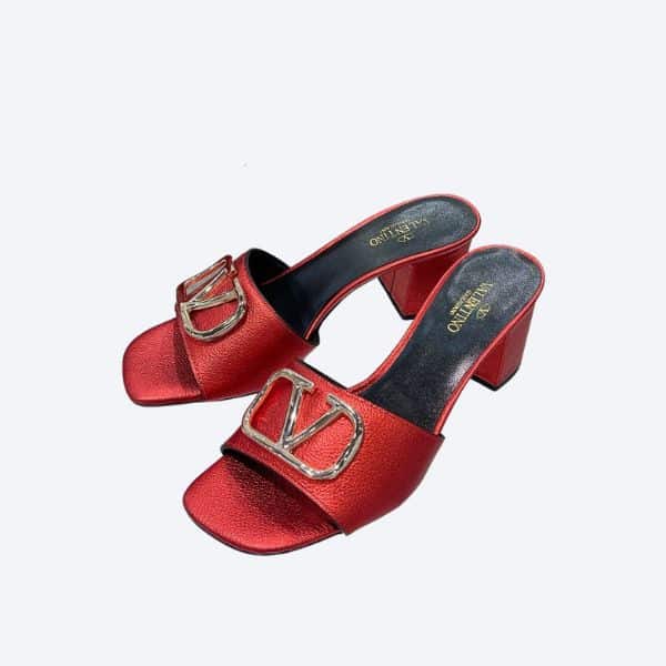 VALENTINO VLOGO SIGNATURE SQUARE TOE MIDDLE HEEL WINE RED LEATHER SLIDE SANDAL