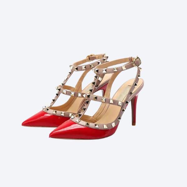 VALENTINO PATENT ROCKSTUD CAGED PUMP 100MM RED