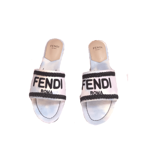 FENDI LOGO-EMBROIDERED MULE SLIDES LIGHT BLUE