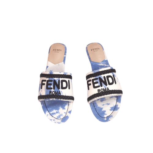 FENDI LOGO-EMBROIDERED MULE SLIDES LIGHT BLUE
