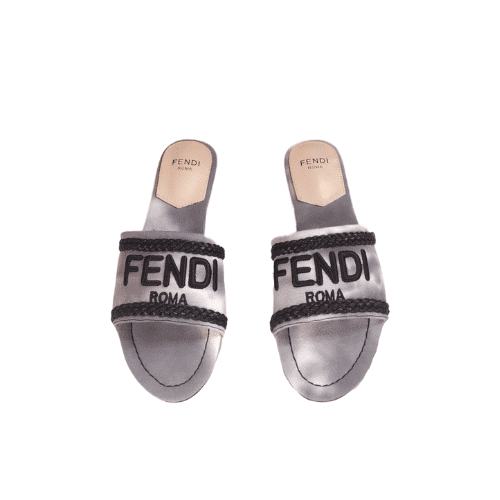 FENDI LOGO-EMBROIDERED MULE SLIDES LIGHT GREY