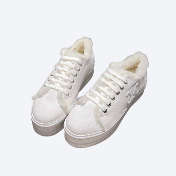 CELINE JANE LOW LACE-UP SNEAKER WITH TRIOMPHE PATCH IN CANVAS AND FLEECE WHITE