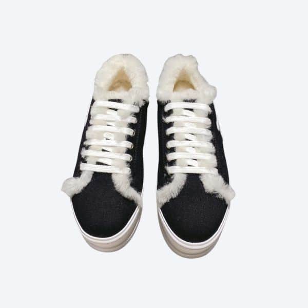 CELINE JANE LOW LACE-UP SNEAKER WITH TRIOMPHE PATCH IN CANVAS AND FLEECE BLACK