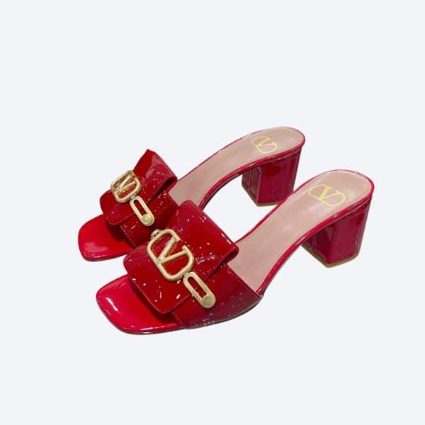 VALENTINO VLOGO SIGNATURE SQUARE TOE MIDDLE HEEL SHINY RED SLIDE SANDAL