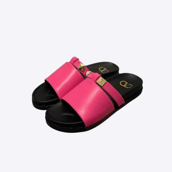 VALENTINO ROCKSTUD PINK SLIDE SANDALS
