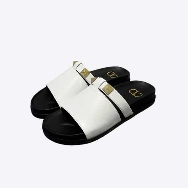 VALENTINO ROCKSTUD WHITE SLIDE SANDALS