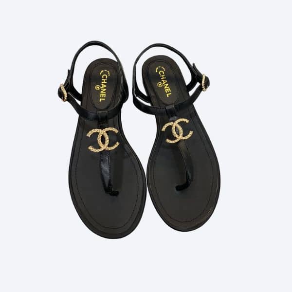 CHANEL GOLD CC LOGO THONG SANDALS BLACK