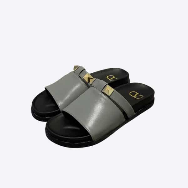 VALENTINO ROCKSTUD GREY SLIDE SANDALS