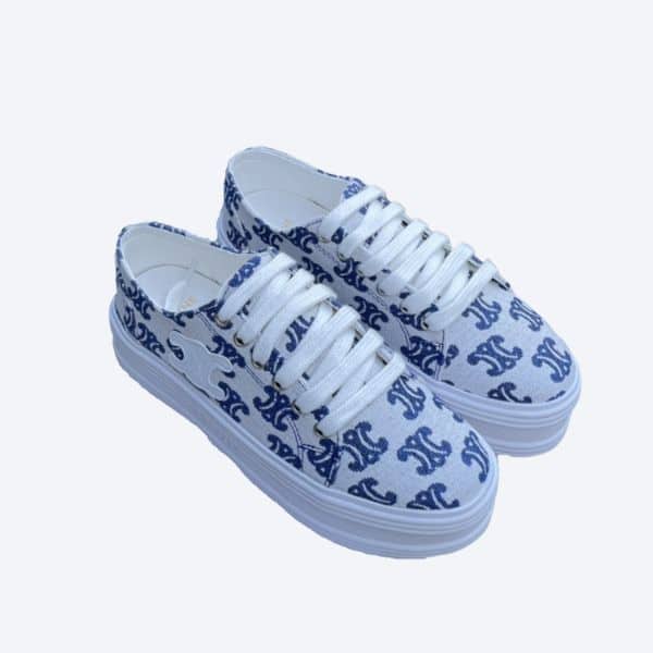 CELINE JANE LOW LACE-UP SNEAKER IN LOGO CANVAS WHITE AND BLUE