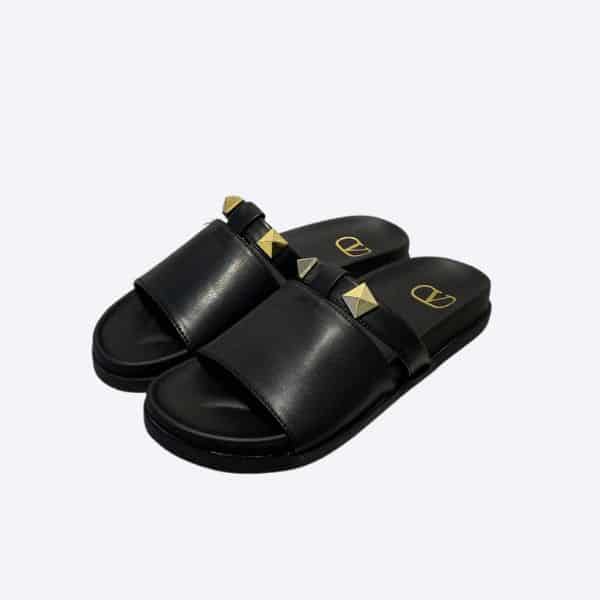 VALENTINO ROCKSTUD BLACK SLIDE SANDALS